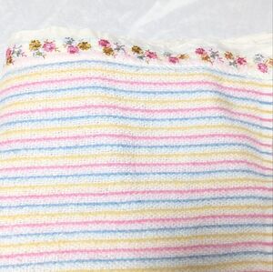 Vintage Striped Esmond Blanket By Chatham Satin Trim Floral Embroidery Blue Pink